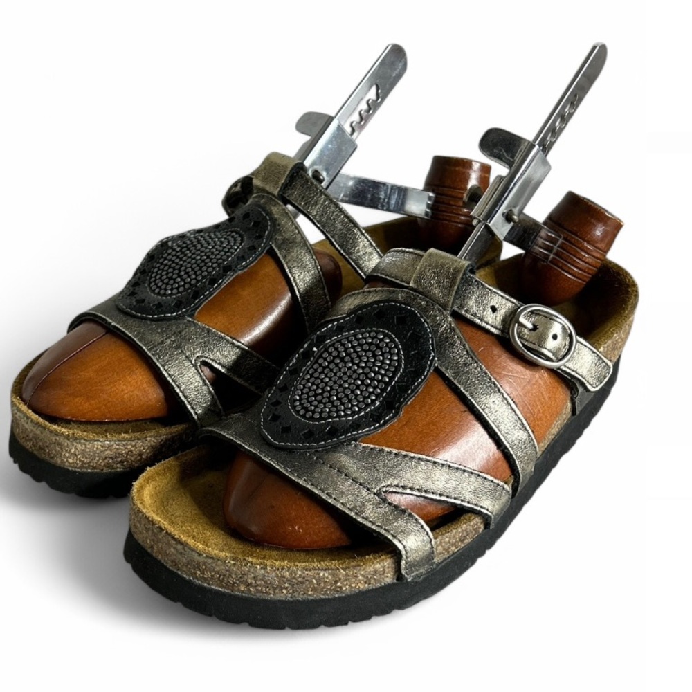 Naot Sarasota Metallic Bronze Leather Sandals Slides Shoes Size 38 L7.